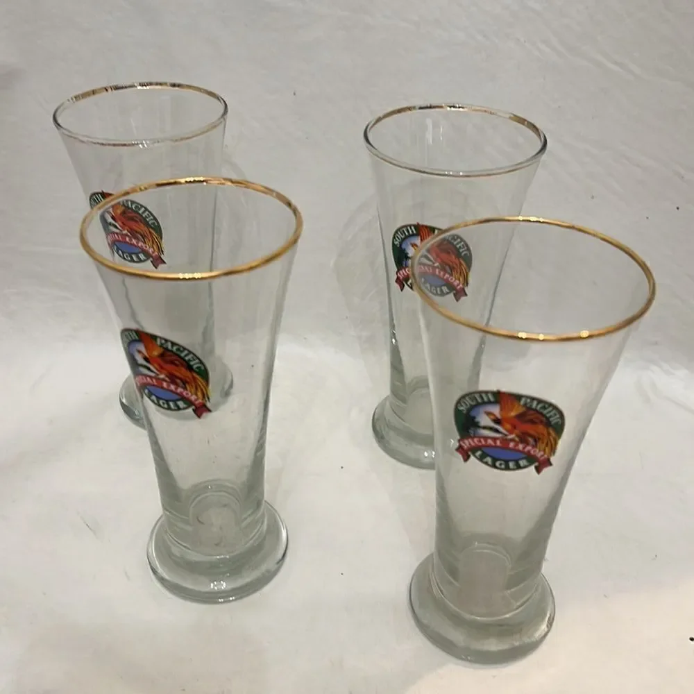 South Pacific Lager Special Export Beer Glasses 12 Oz Each Set 4 Gold Trimmed